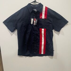Polaris Short Sleeve Button Up Shirt Men's‎ XL Navy Red White Racing Style